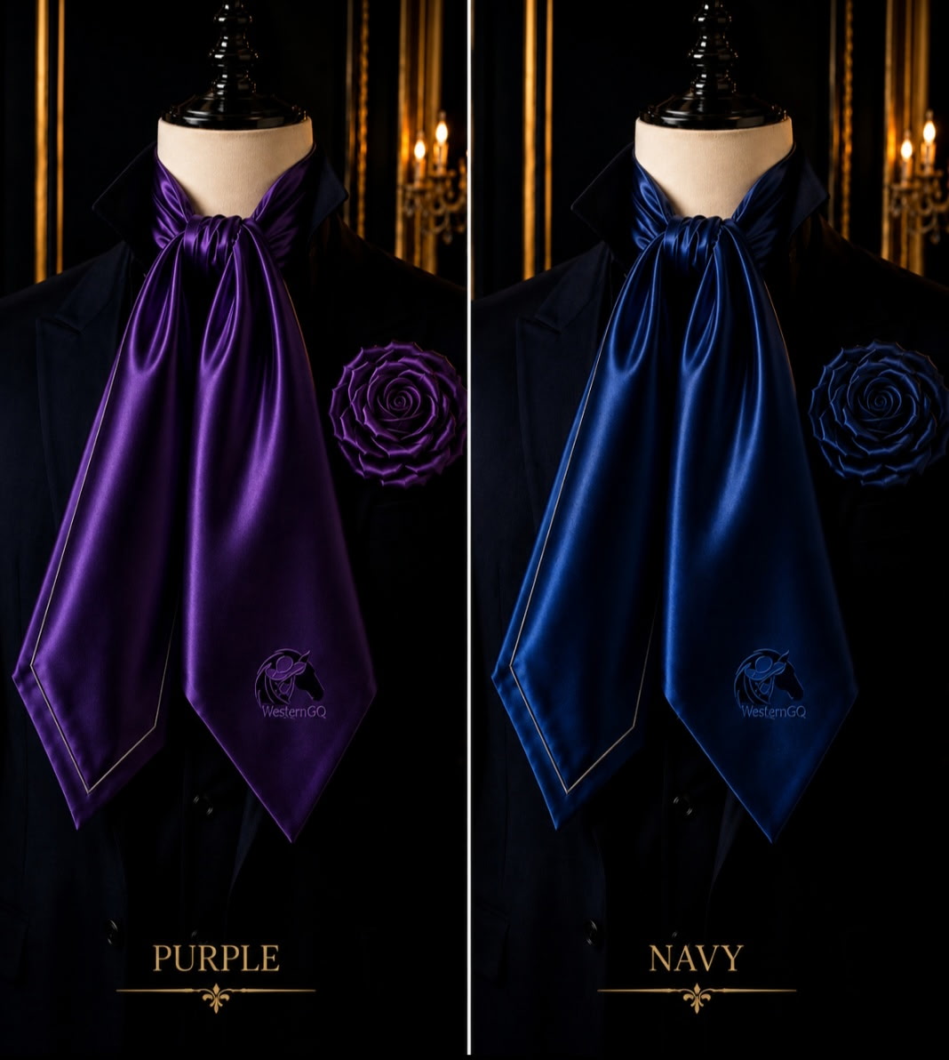 Western GQ satin cravat scarfs in purple and navy, shown side by side with matching rose lapel brooches